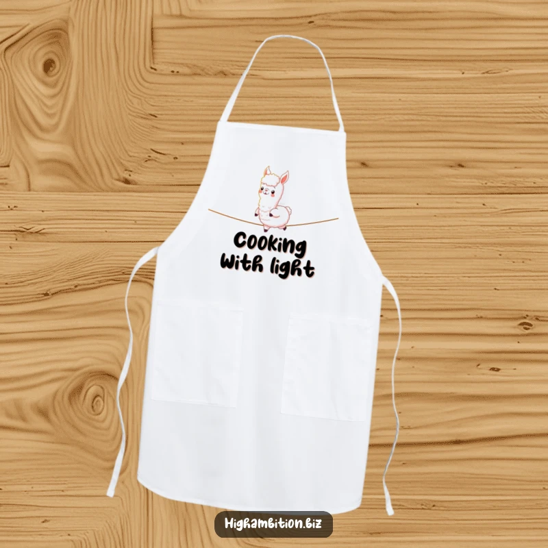 Funny apron with a cheerful alpaca character confidently walking on a tightrope of light, designed for kitchen confidence and humorous cooking.