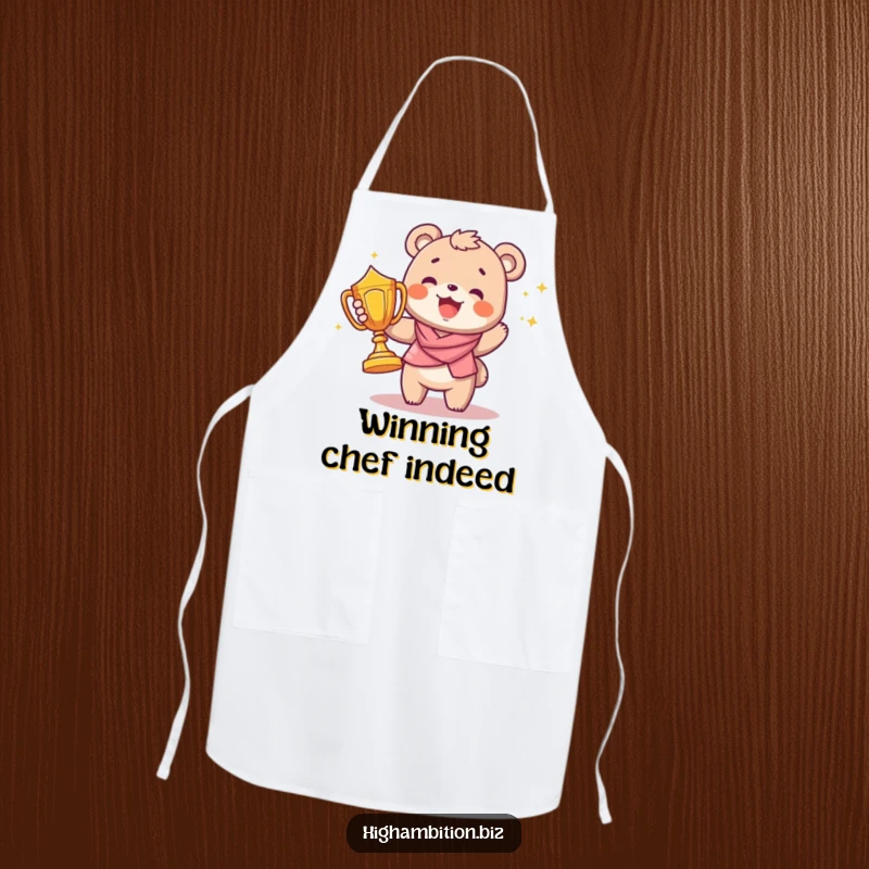 Funny apron with a joyful bear cub character proudly carrying a large trophy, designed for kitchen celebrations and humorous cooking.