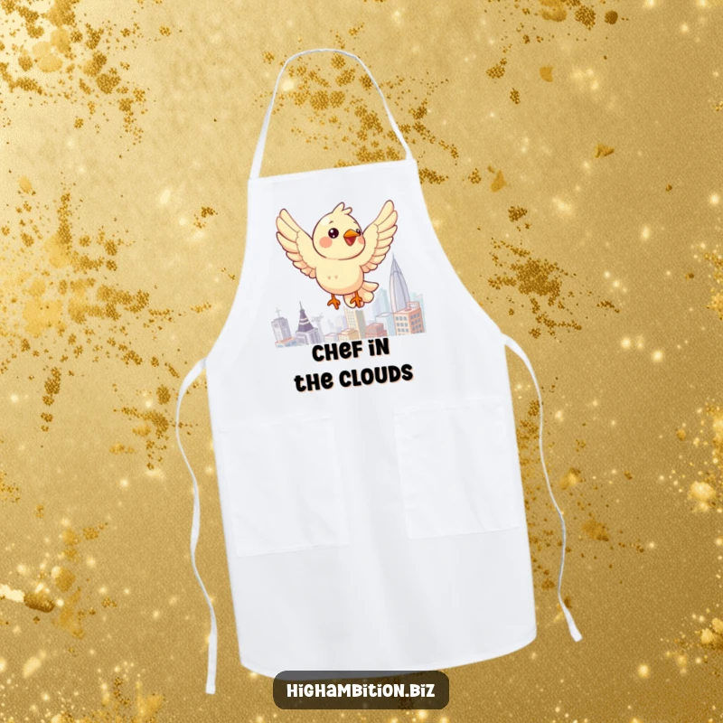 Funny bird apron showing a cheerful character soaring above a cityscape, adding a humorous touch to kitchen duties.