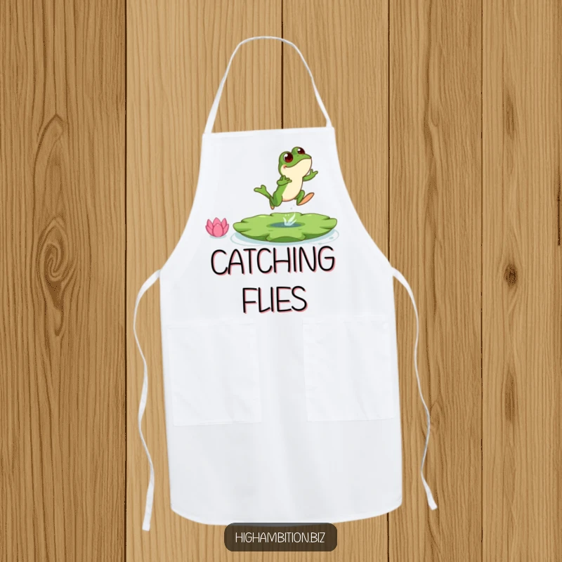 Funny frog apron showing a bouncing character leaping towards a lily pad, ideal for kitchen adventures.