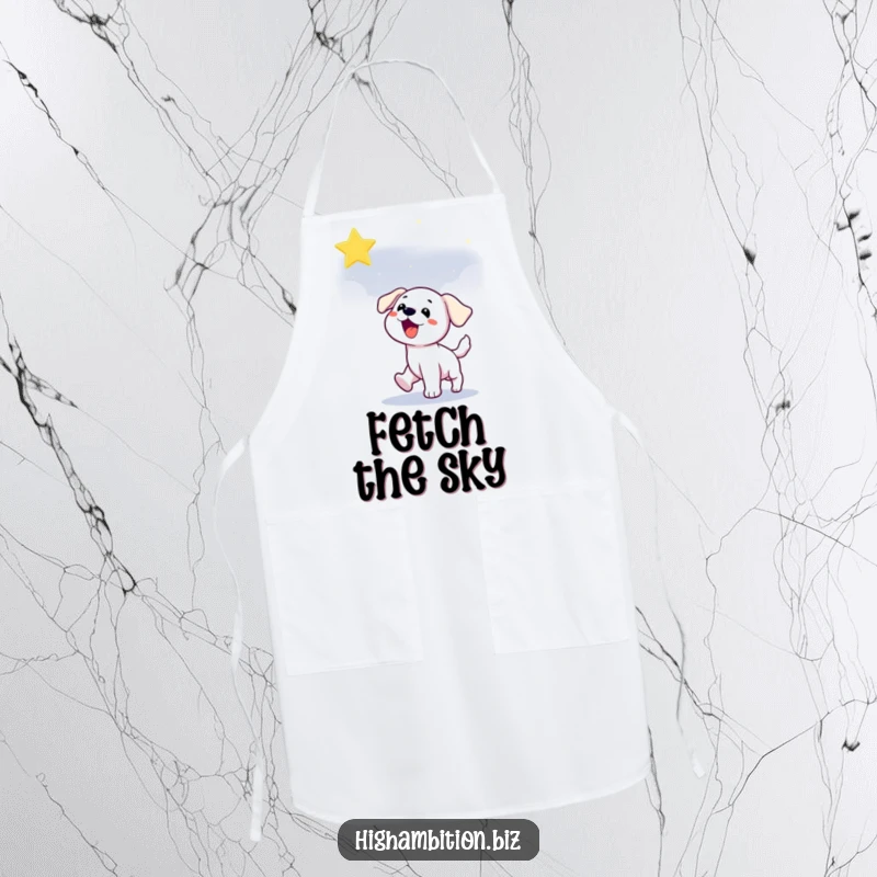 Funny puppy apron showing a playful dog character chasing a star in the night sky, ideal for kitchen adventures.