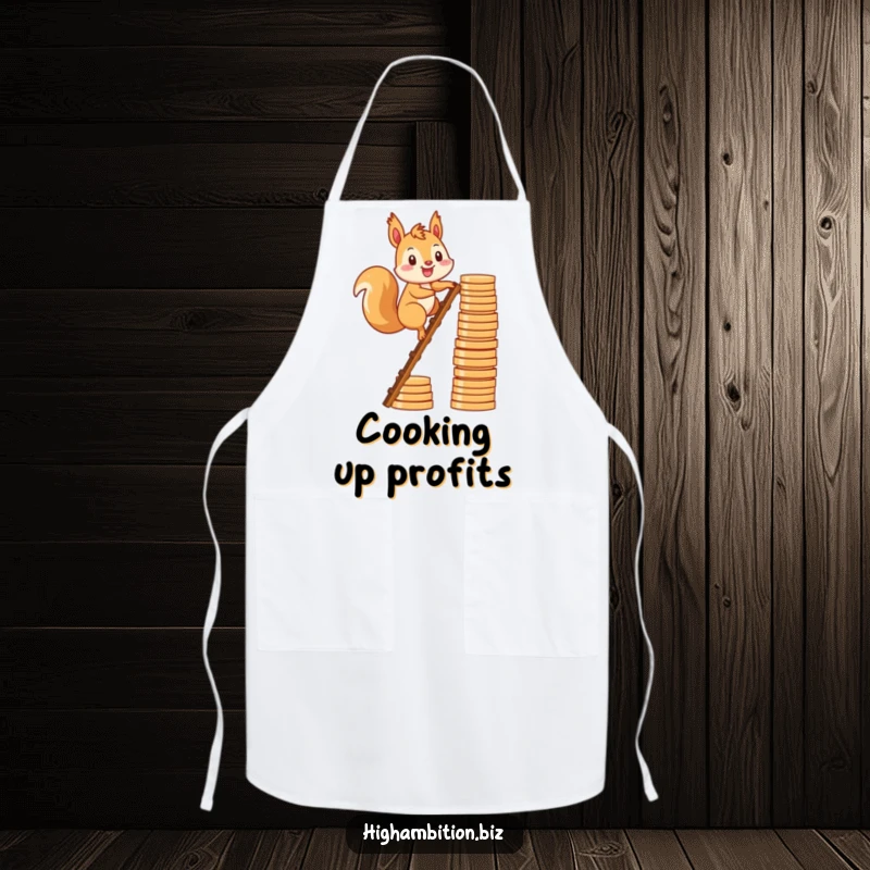 Funny apron with a smiling squirrel character climbing a ladder made of stacked coins, designed for kitchen ambition and humorous cooking.