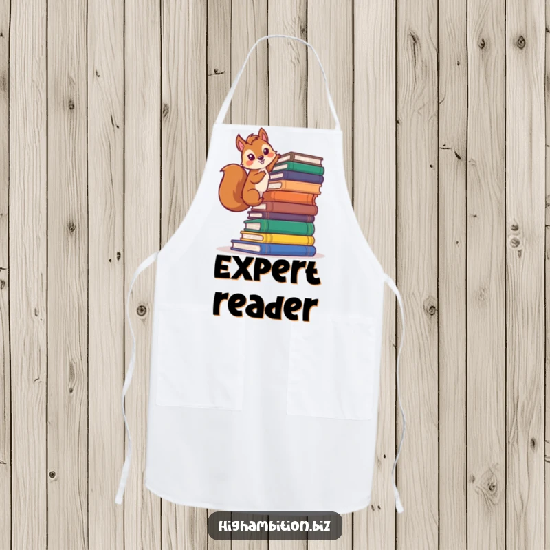 Funny squirrel apron showing a determined character climbing a stack of cookbooks, ready to get creative in the kitchen.