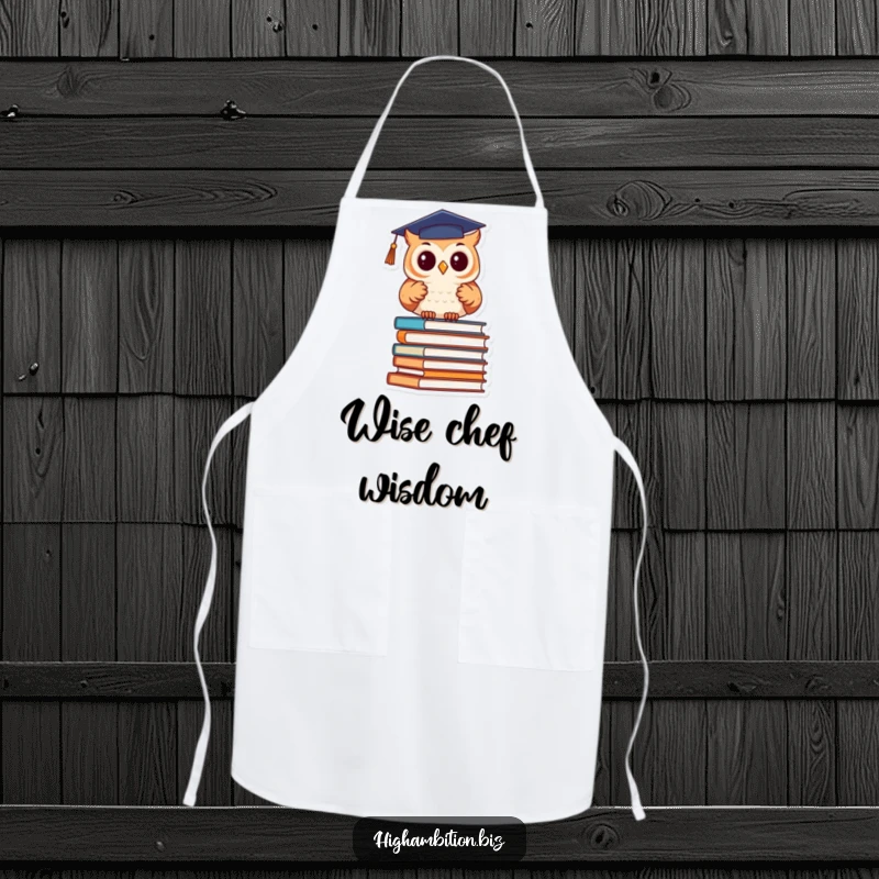 Funny Apron: Cute owl wearing a graduation cap studies books, ideal for humorous cooking with an academic twist.