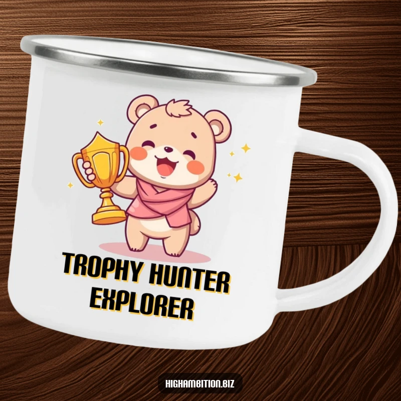 Funny camping mug showcasing a joyful bear cub proudly carrying a large trophy, designed for outdoor humor and celebrating wins.
