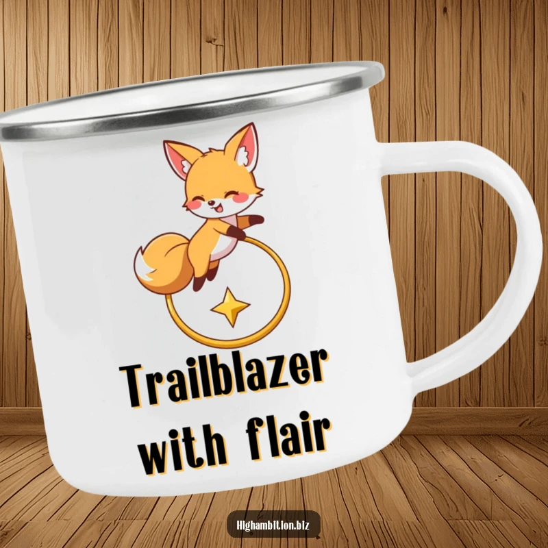 Funny camping mug showcasing a determined fox leaping over a hoop towards a star, designed for rugged outdoor humor and enjoyment.