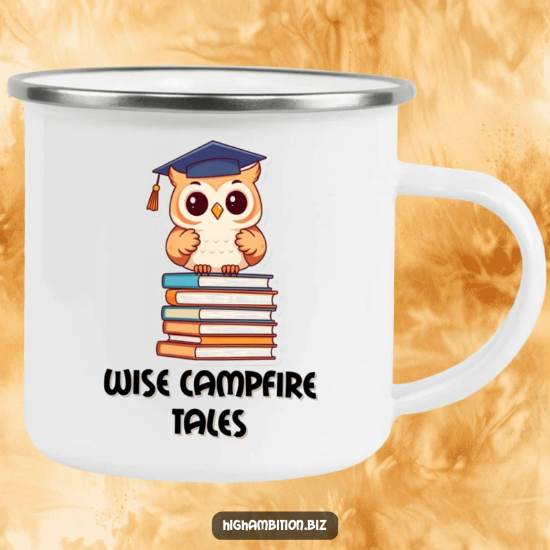 Funny Camping Mug: Cute owl in a graduation cap studies books, ready for humorous outdoor learning.