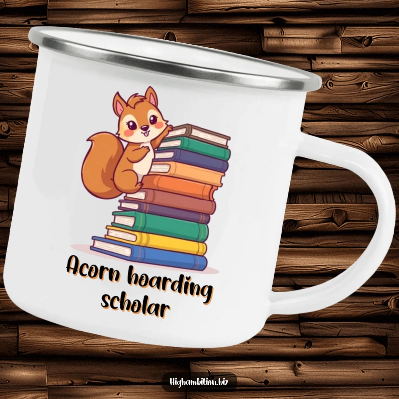 Funny squirrel camping mug showing a determined character climbing a stack of books, perfect for outdoor reading enthusiasts.