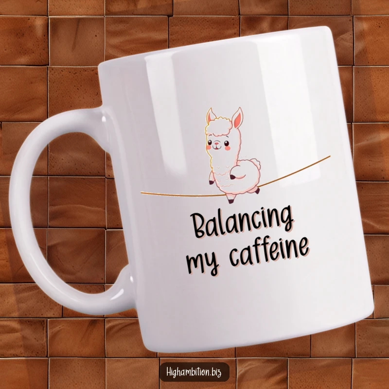 Funny mug featuring a cheerful alpaca character confidently strolling across a glowing tightrope of light, showcasing remarkable balance.