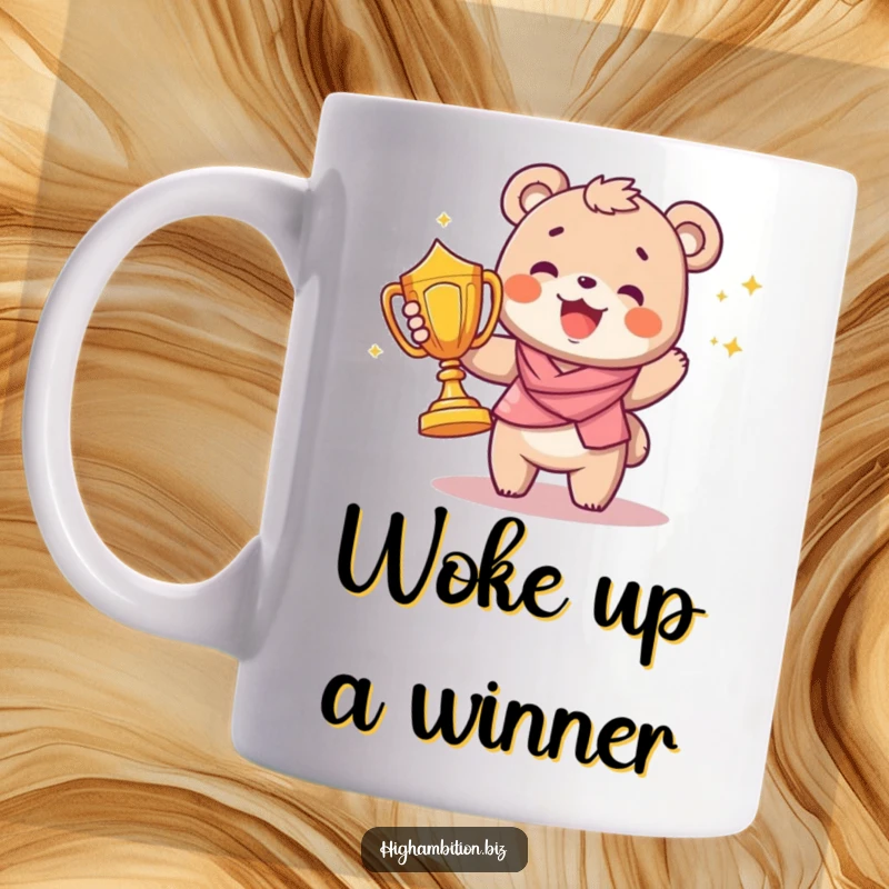 Funny mug showing a joyful bear cub character triumphantly carrying a large, gleaming trophy, radiating happiness and success.