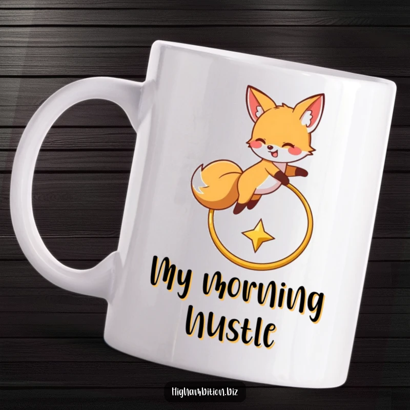 Funny mug featuring a happy fox character energetically leaping over a golden hoop, aiming for a sparkling star, full of playful ambition.