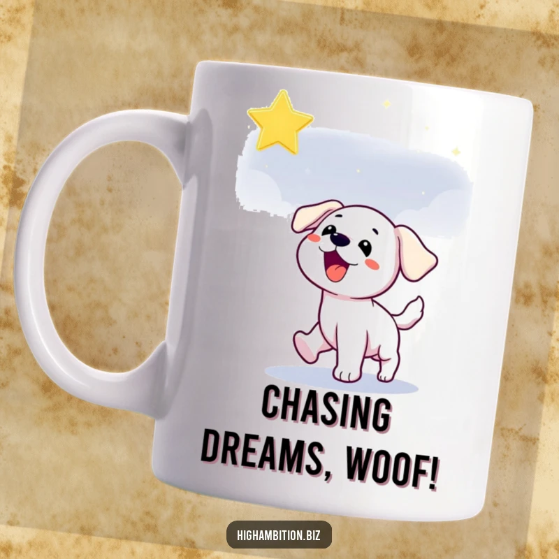 Funny puppy mug showing a playful dog character joyfully chasing a shimmering star in a dark, starry night sky.