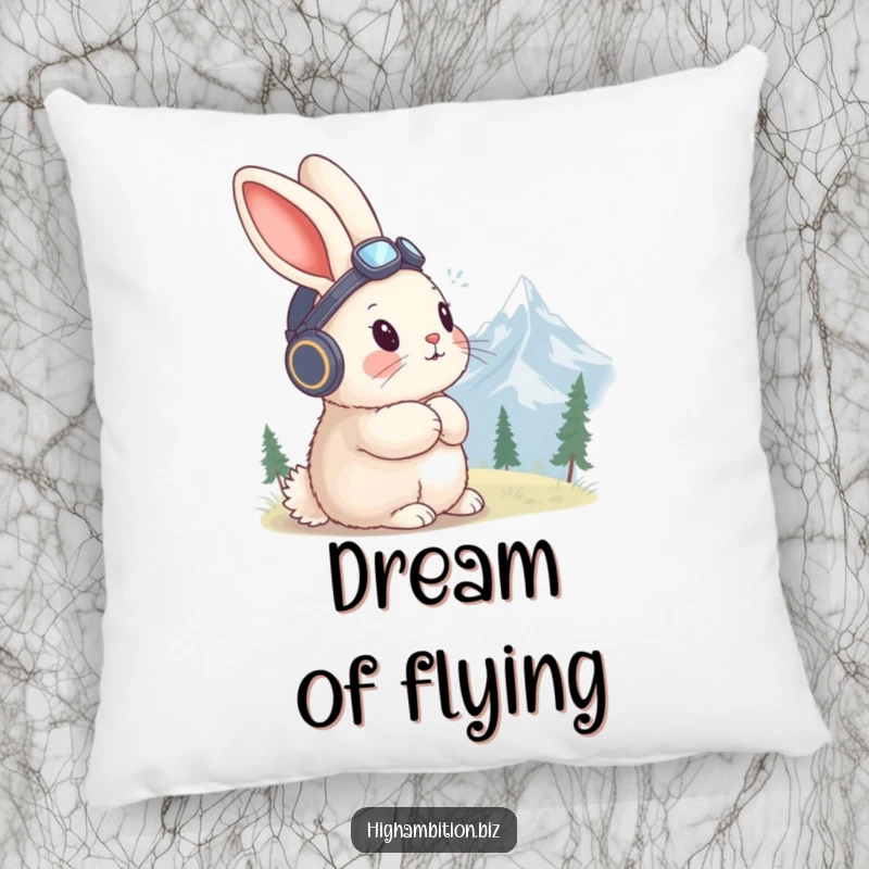 Funny rabbit pillow with a fluffy rabbit in a tiny aviator hat, gazing at a distant mountain peak.