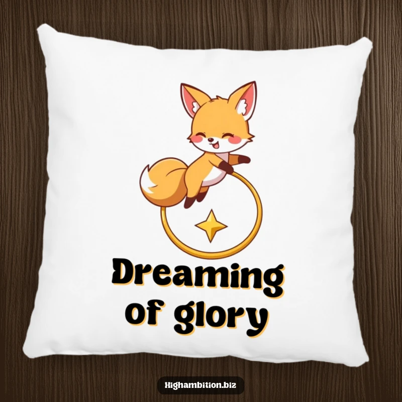 Funny pillow displaying a joyful fox character mid-leap over a golden hoop, eyes locked on a bright star, offering whimsical comfort.