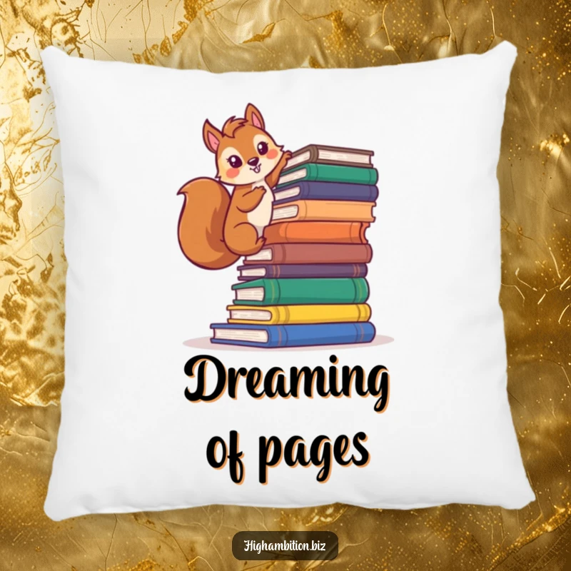 Funny squirrel pillow depicting a determined character energetically climbing a huge pile of books, adding a humorous touch to decor.
