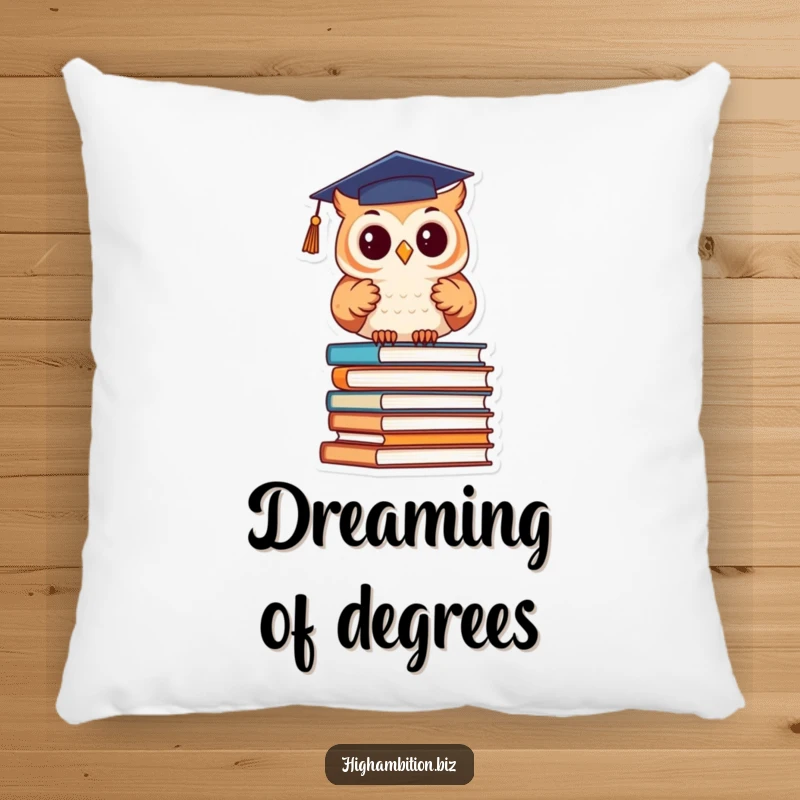 Funny Pillow: Cute owl in a graduation cap studies books, adding wise and humorous charm to any room.