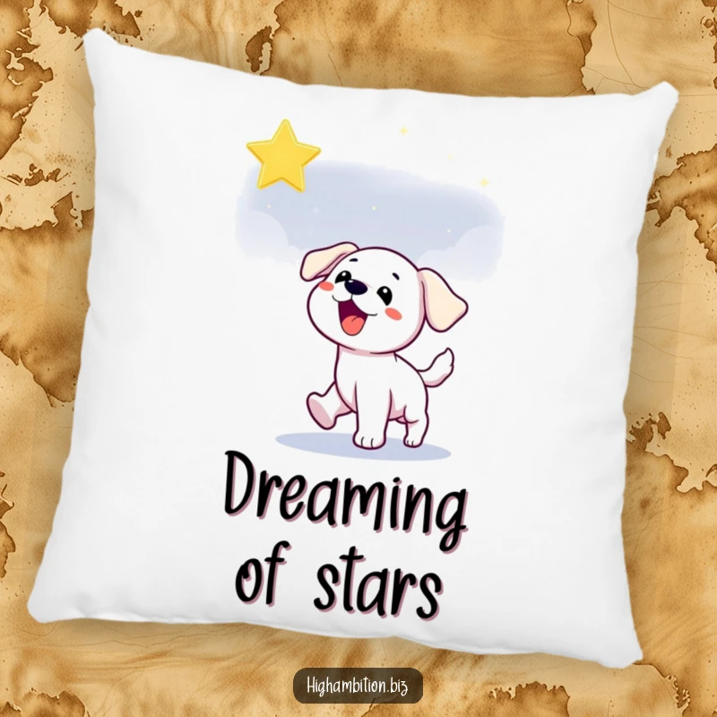 Funny puppy pillow featuring a playful dog character reaching for a shimmering star in the night sky, adding cozy humor.