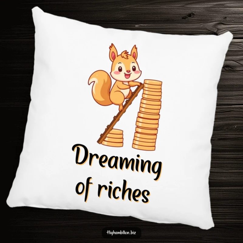 Funny pillow displaying a smiling squirrel character climbing a ladder of stacked coins, offering whimsical comfort and financial aspirations.