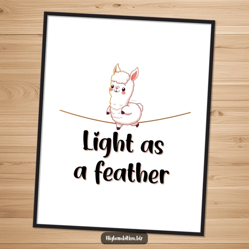 Funny digital art print of a cheerful alpaca character confidently walking across a glowing tightrope of pure light, embodying grace.