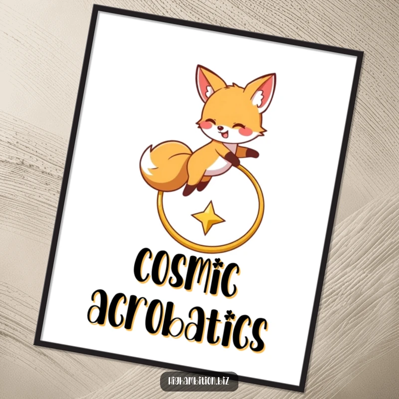 Funny digital art print of a joyful fox character performing an amazing leap over a golden hoop, reaching for a sparkling star.