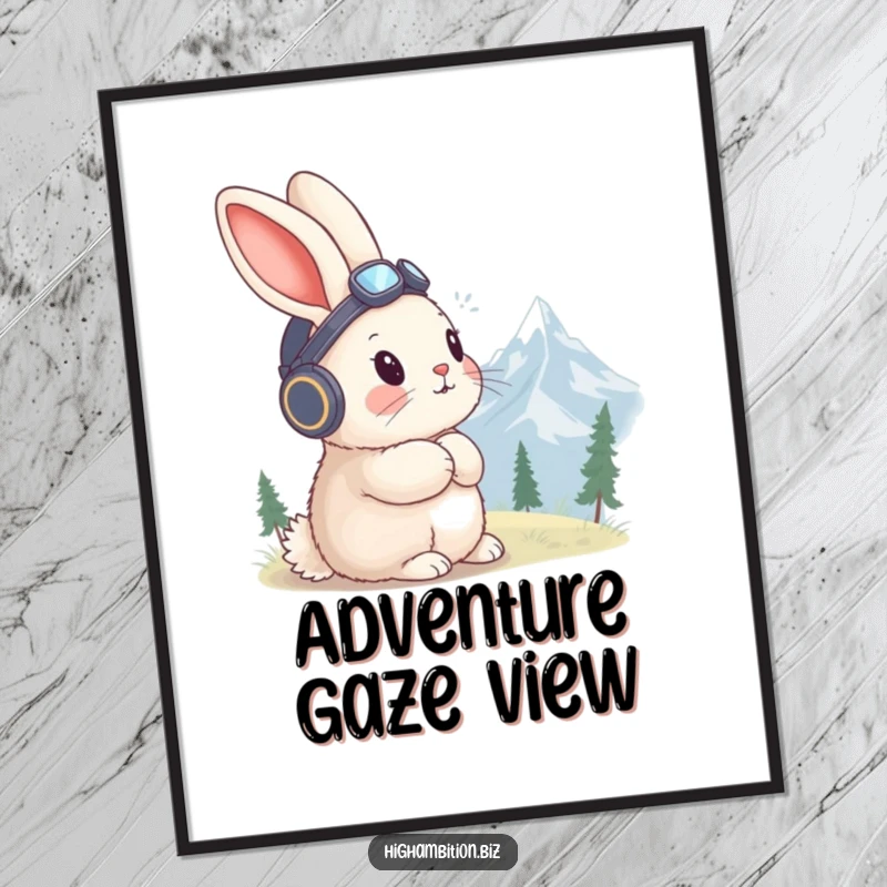 Funny rabbit digital art print with a fluffy rabbit in a tiny aviator hat, gazing at a distant mountain peak.