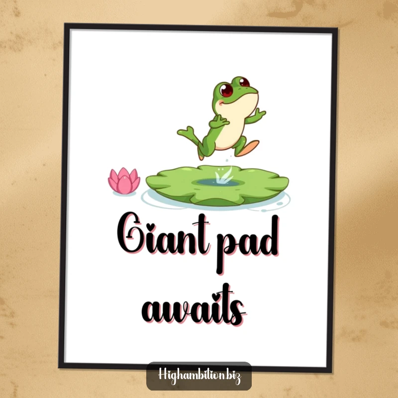 Funny frog digital art print showing a bouncing character leaping towards a colossal lily pad, perfect for playful decor.