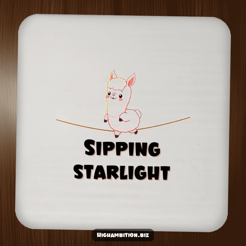 Funny drink coaster with a cheerful alpaca character confidently balanced on a tightrope of light, for surface protection.