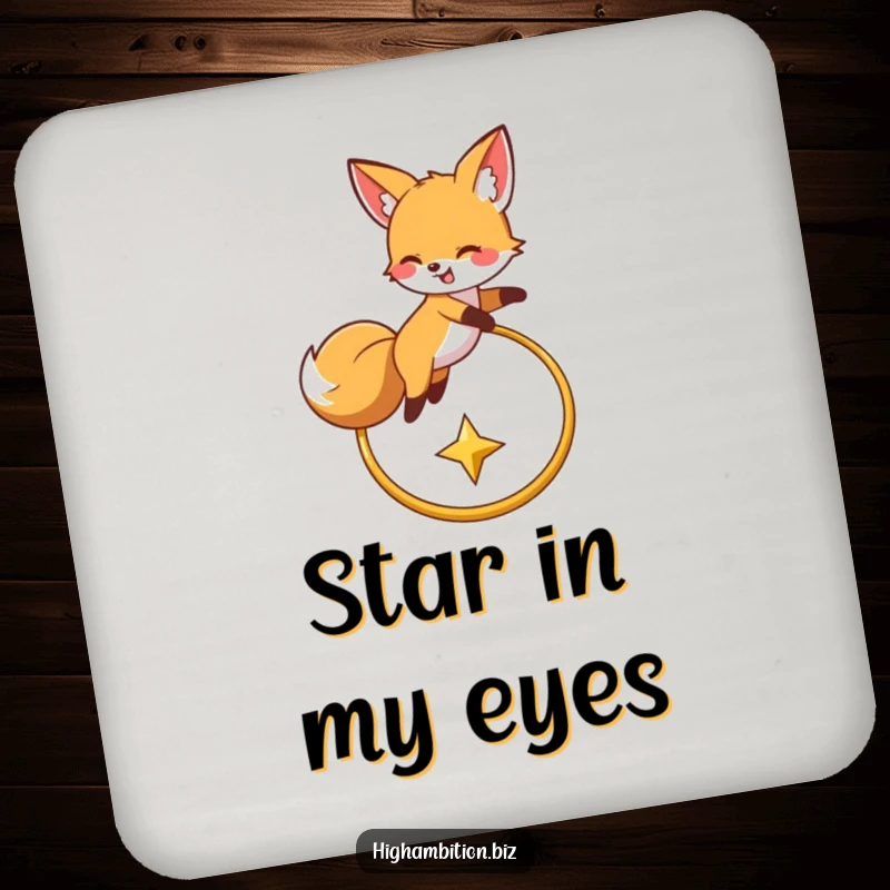 Funny drink coaster with a happy fox character executing a jump over a hoop, aiming for a celestial star, for surface protection.