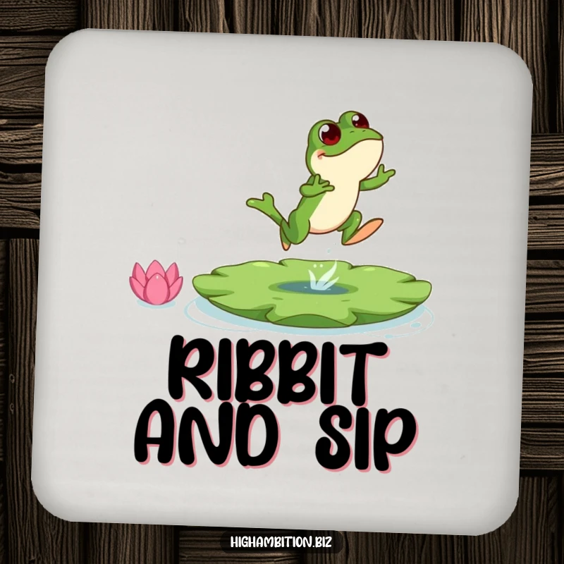 Funny frog coaster with a bouncing character leaping towards a lily pad, providing humorous protection for tables.