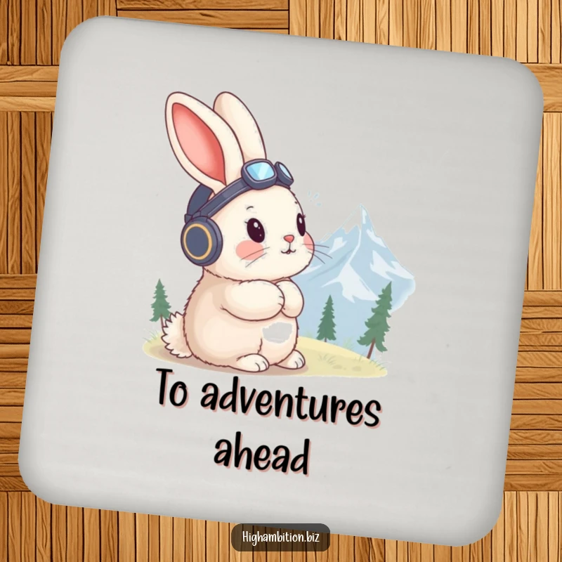 Funny rabbit coaster with a fluffy rabbit in a tiny aviator hat, gazing at a distant mountain peak.