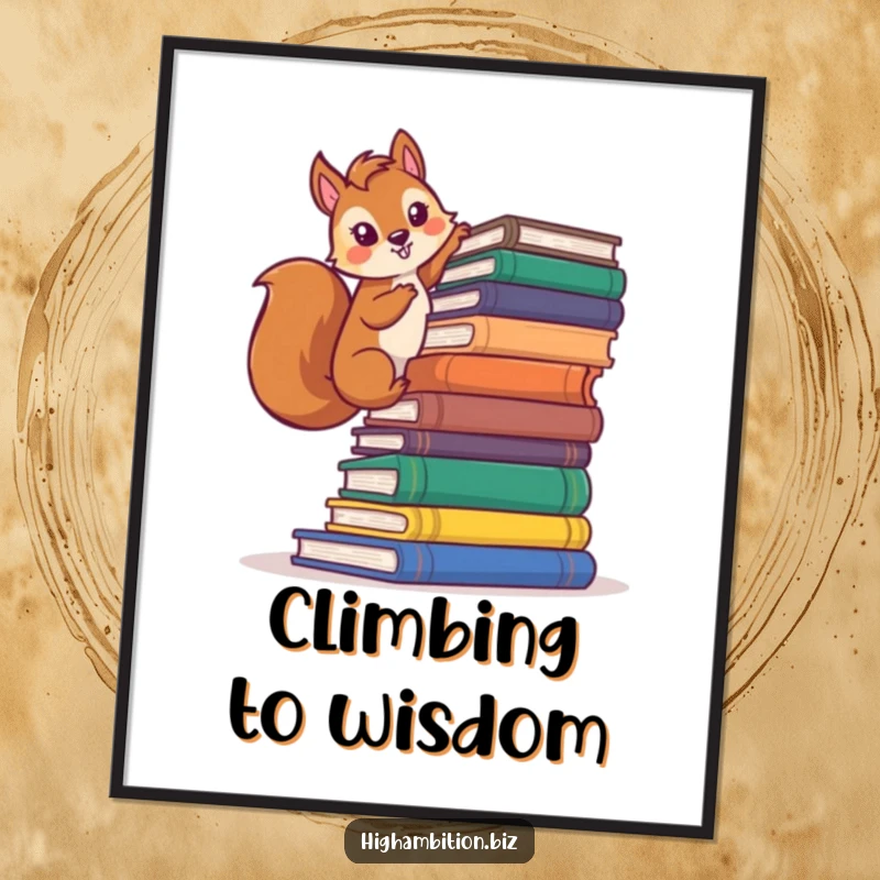 Funny squirrel poster showing a determined character ascending a colossal stack of books, a symbol of intellectual ambition and humor.