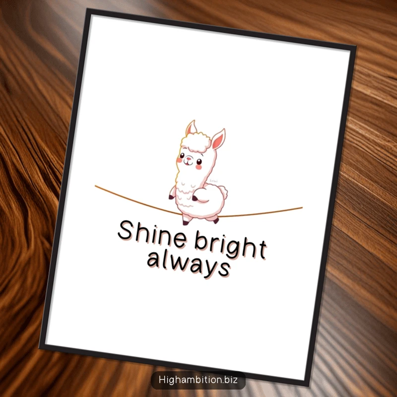 Funny poster illustrating a cheerful alpaca character confidently balancing on a tightrope made of pure light, showcasing poise and humor.