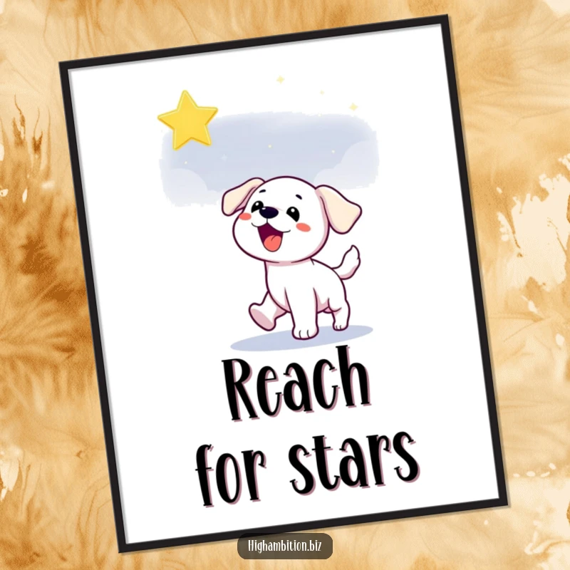 Funny puppy poster depicting a playful dog character joyfully chasing a shimmering star in the vast, dark night sky.