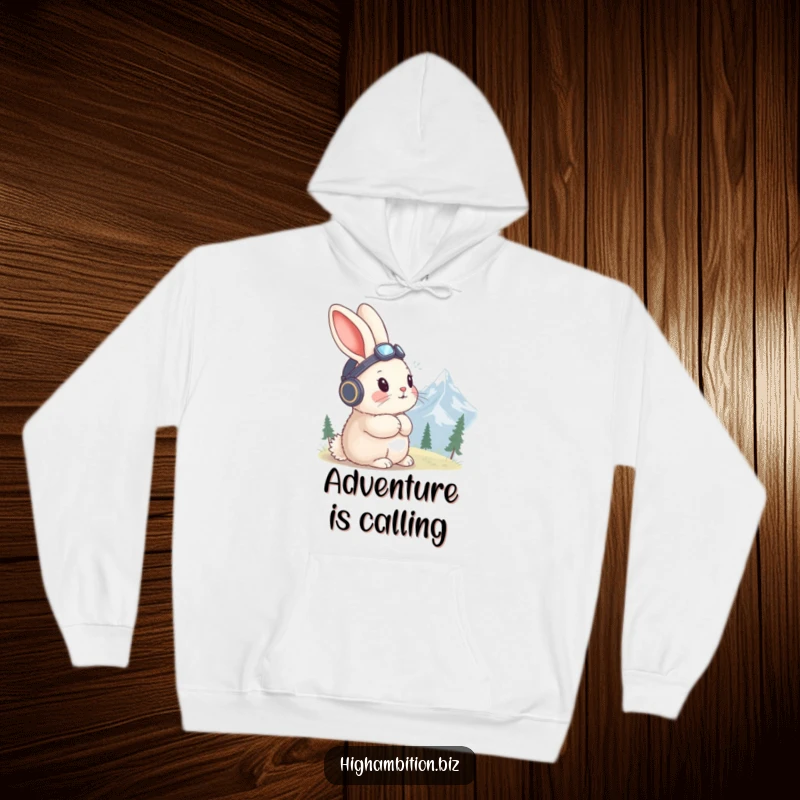 Funny rabbit hoodie showing a fluffy rabbit in a tiny aviator hat, gazing towards a distant mountain peak.