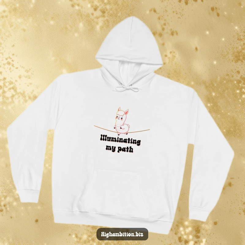 Funny hoodie showing a cheerful alpaca character confidently striding across a luminous tightrope, embodying grace and humor.