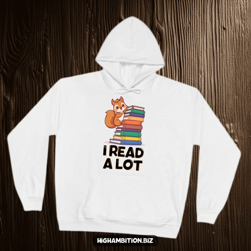 Funny squirrel hoodie featuring a determined character boldly climbing a towering stack of books, embodying ambition and a passion for reading.