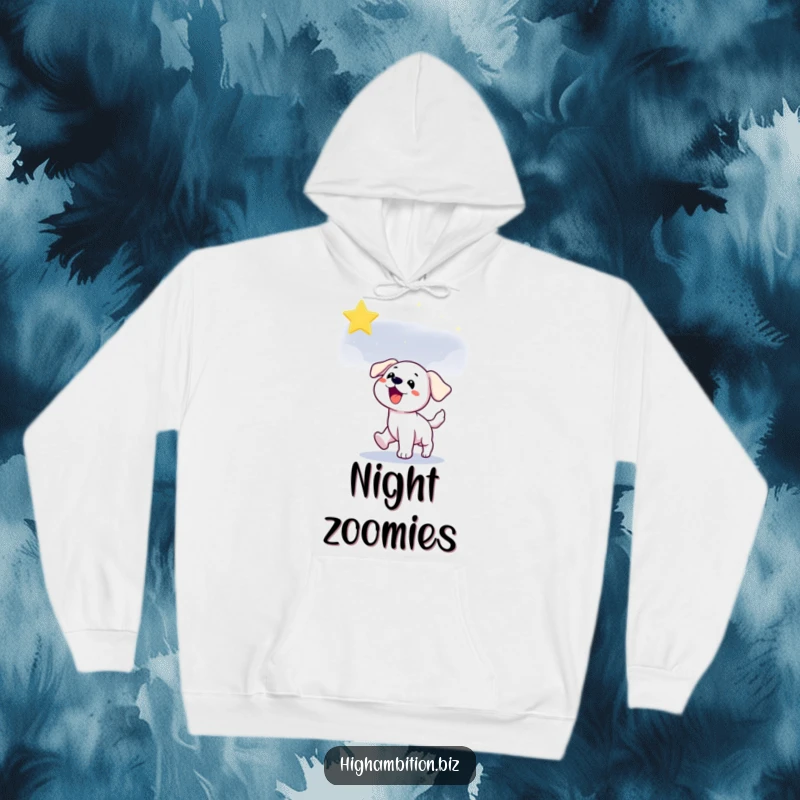 Funny puppy hoodie featuring a playful dog character chasing a shimmering star in the mystical night sky, perfect for stargazers.