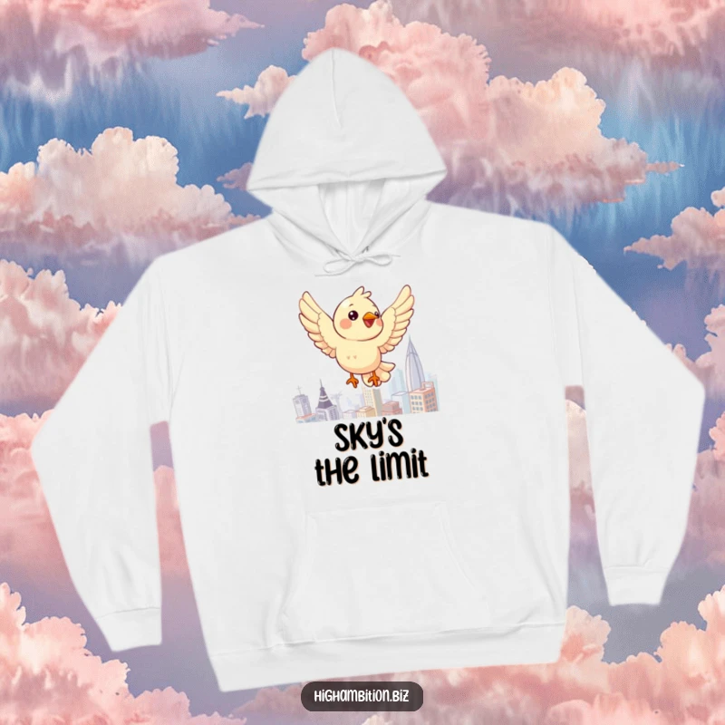 Funny bird hoodie depicting a cheerful character flying high over a dynamic cityscape, perfect for urban adventurers.
