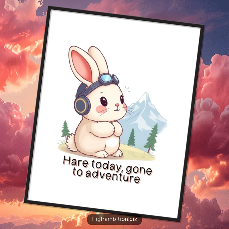 Funny Free Printable Aviator Rabbit Wall Art: A fluffy rabbit wearing an aviator hat, gazing at a distant mountain peak.