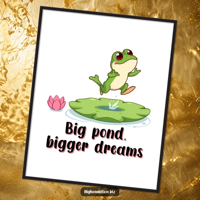 Funny Free Printable Wall Art: A joyful frog character in mid-leap, aiming for a colossal lily pad in a pond.