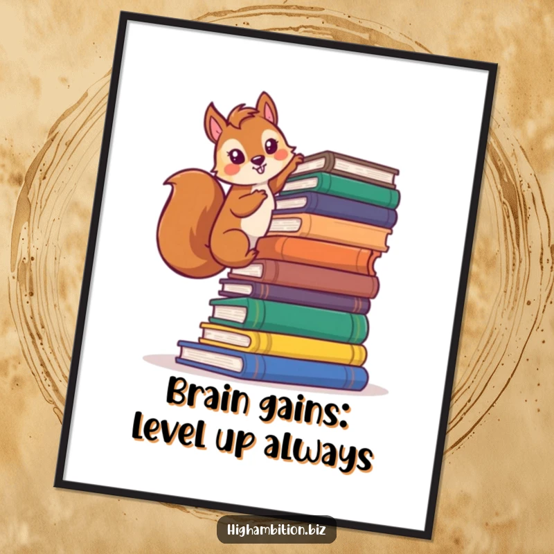Funny Free Printable Wall Art: A determined squirrel character confidently climbing a massive stack of books, showcasing ambition.