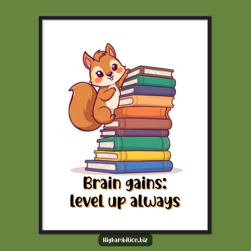 Free Printable Wall Art: Funny Squirrel Book Climber - Humorous Downloadable Decor Gift