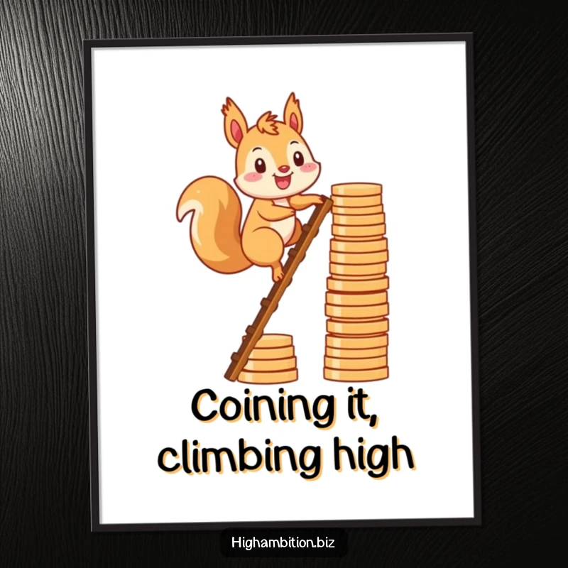 Funny Free Printable wall art depicting a smiling squirrel character climbing a ladder meticulously built from stacked gold coins.