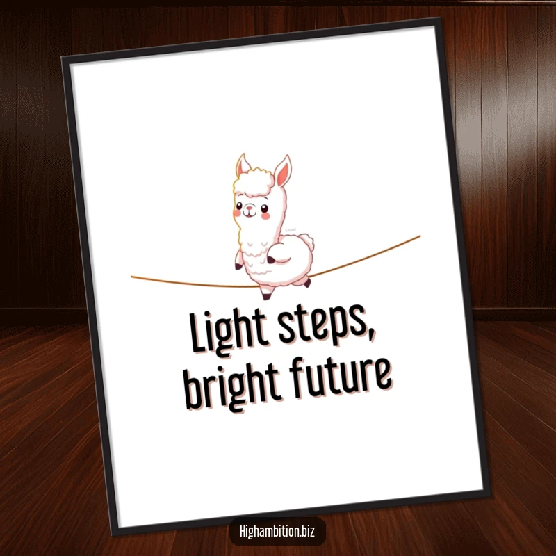 Funny Free Printable wall art depicting a cheerful alpaca confidently walking a tightrope made entirely of shining, ethereal light.