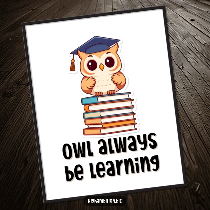 Funny Free Printable Wall Art: Cute Owl in Graduation Cap Studying Books