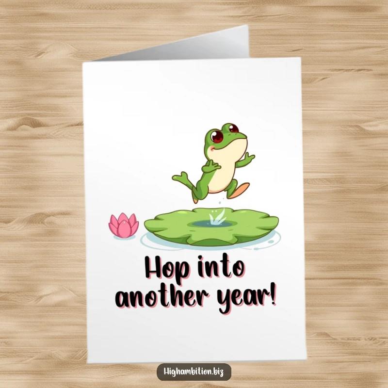 Funny Free Printable Birthday Card: A bouncing frog character leaping with excitement towards a massive, inviting lily pad.