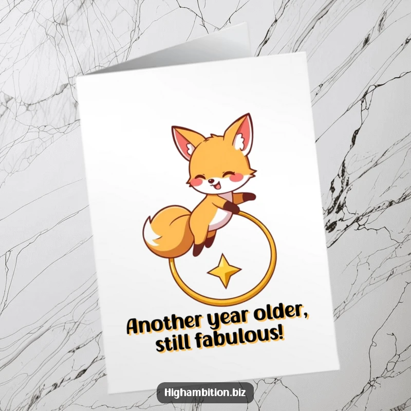 Funny Free Printable birthday card of a happy fox leaping joyfully over a golden hoop, chasing a twinkling star.