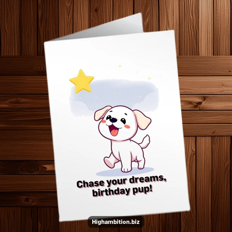 Funny Free Printable Birthday Card: A playful puppy dog character joyfully chasing a bright, shimmering star in a dark night sky.