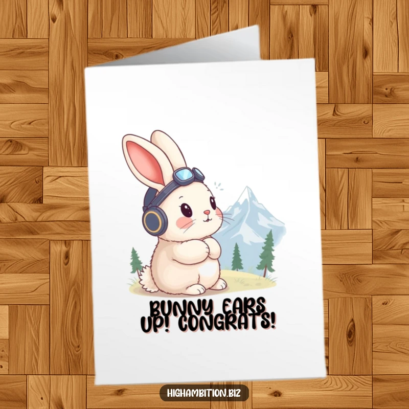Funny Free Printable Aviator Rabbit Congratulations Card: A fluffy rabbit in an aviator hat gazing at mountain peaks.