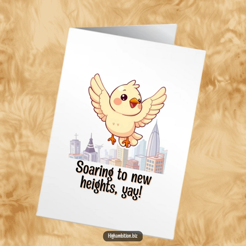 Funny Free Printable Congratulations Card: A cheerful bird character soaring triumphantly over a sprawling cityscape, symbolizing success.